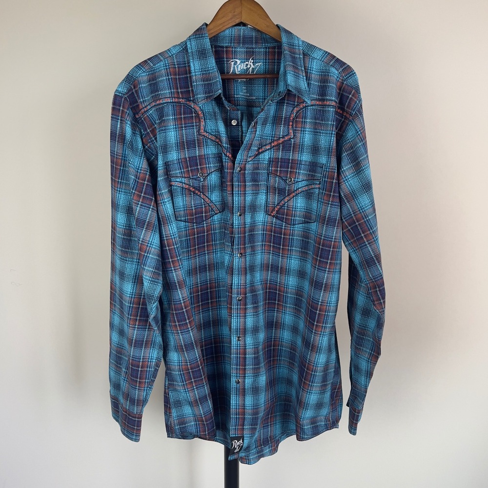 Rock 47 by Wrangler Mens 2XT Blue Plaid Western Pearl Snap Shirt MRC422H Tall